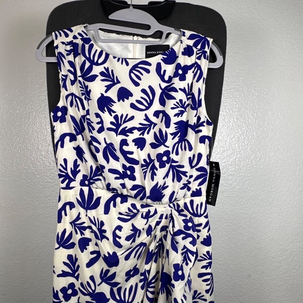 Donna Morgan Ivory Navy Floral‎ Print Sleeveless Faux Wrap Midi Dress - Picture 2 of 6